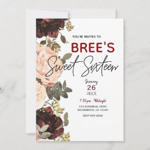 Invitation Fleurs roses et bordeaux de feuillage pour Sweet 1