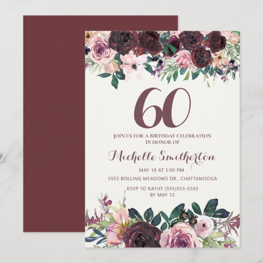 Invitation Fleurs roses et bordeaux pour 60 ans (Devant / Derrière)