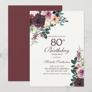 Invitation Fleurs roses et bordeaux pour 80 ans