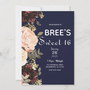 Invitation Fleurs roses et bordeaux sur verdure fond bleu mar