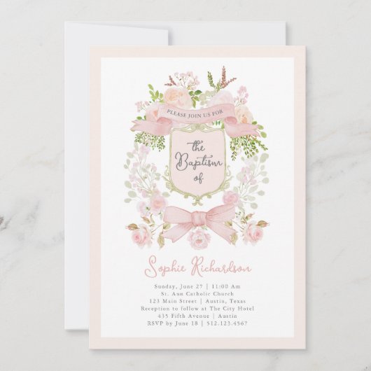 Invitation Fleurs roses et crête Fairytale | Photo Baptême (Devant)