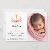 Invitation Fleurs roses et Croix d'or fille baptême photo (Devant)