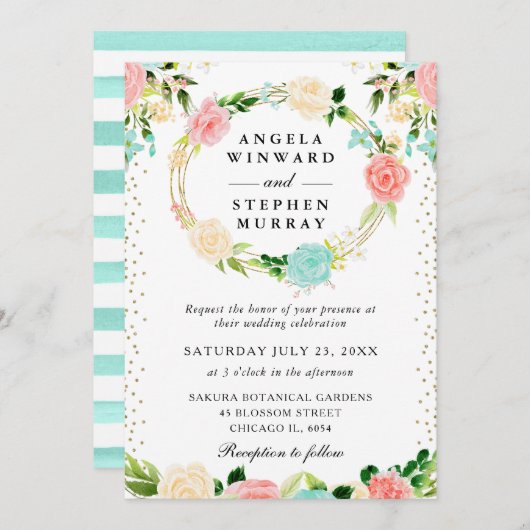 Invitation Fleurs roses et de menthe Mariage de couronne (Devant / Derrière)