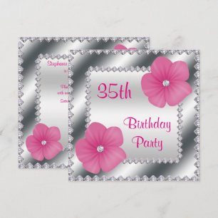 Invitation Fleurs roses et diamants 35e anniversaire