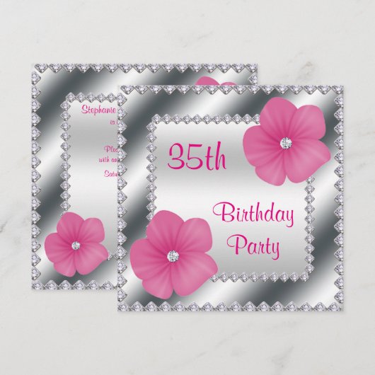 Invitation Fleurs roses et diamants 35e anniversaire (Devant / Derrière)
