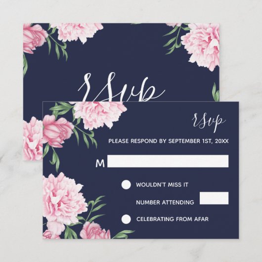 Invitation Fleurs roses et fond marine | RSVP (Devant / Derrière)