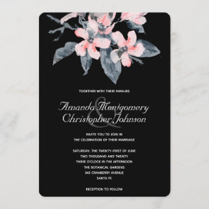 Invitation Fleurs roses et grises Mariage aquarelle élégant