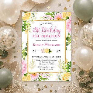 Invitation Fleurs roses et jaunes à l'aquarelle 21e anniversa