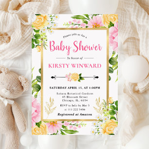 Invitation Fleurs roses et jaunes à l'aquarelle Baby Shower