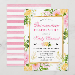 Invitation Fleurs roses et jaunes à l'aquarelle pour Quinceañ