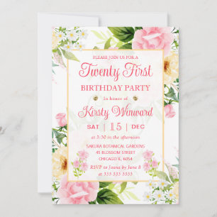 Invitation Fleurs roses et jaunes à l'aquarelle pour un 21e a