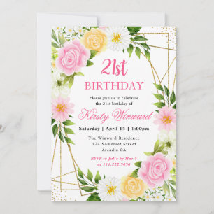 Invitation Fleurs roses et jaunes Cadre doré 21e anniversaire
