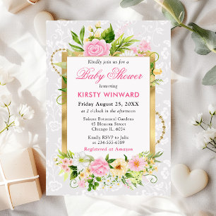 Invitation Fleurs roses et jaunes d'été Baby Shower Gold