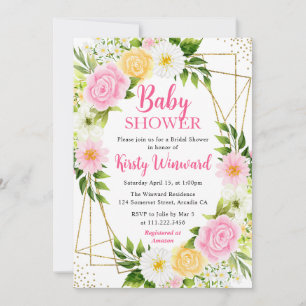 Invitation Fleurs roses et jaunes et Baby shower cadre or