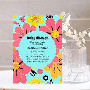 Invitation Fleurs roses et jaunes sur Sky Blue- Dopamine