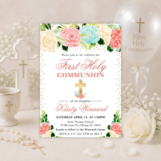 Invitation Fleurs roses et menthe Première communion