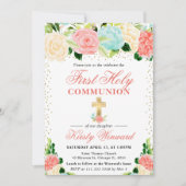 Invitation Fleurs roses et menthe Première communion (Devant)