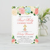 Invitation Fleurs roses et menthe Première communion (Debout devant)