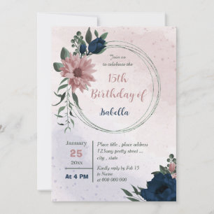Invitation fleurs roses et navales anniversaire géométrique