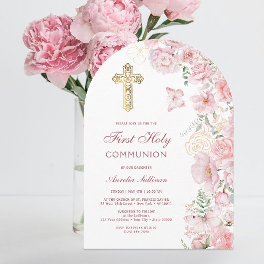 Invitation Fleurs roses et papillons Arc Première communion