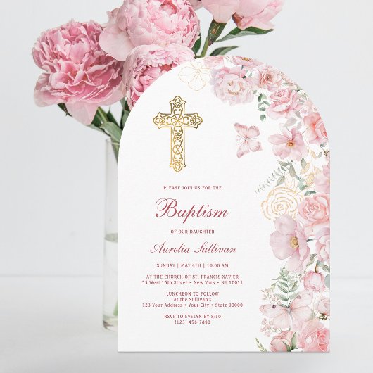 Invitation Fleurs roses et papillons Arch Baptême