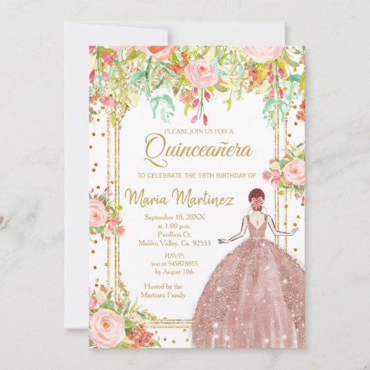 Invitation Fleurs roses et Parties scintillant d'or Quincean (Devant)