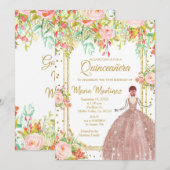 Invitation Fleurs roses et Parties scintillant d'or Quincean (Devant / Derrière)