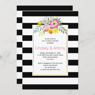 Invitation Fleurs roses et rayures mariage douche couple