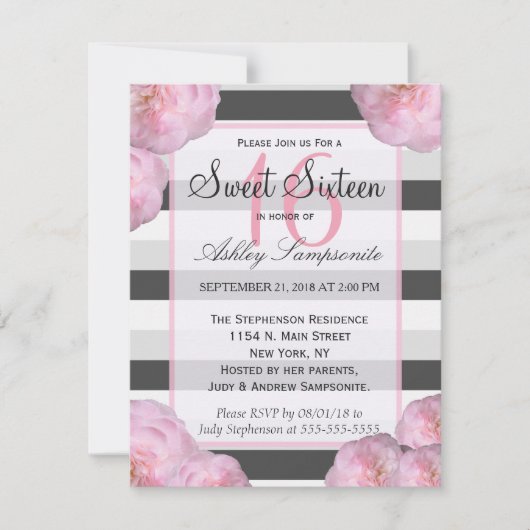 Invitation Fleurs roses et rayures noires, grises et blanches (Devant)