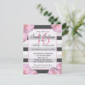 Invitation Fleurs roses et rayures noires, grises et blanches (Debout devant)