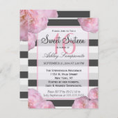 Invitation Fleurs roses et rayures noires, grises et blanches (Devant / Derrière)