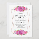 Invitation Fleurs roses et Rose Gold Géométrique fête d'anniv (Devant)