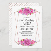 Invitation Fleurs roses et Rose Gold Géométrique fête d'anniv (Devant / Derrière)