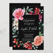 Invitation Fleurs roses et rouges | Black Engagement Party (Devant / Derrière)
