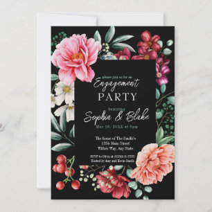 Invitation Fleurs roses et rouges Black Engagement Party
