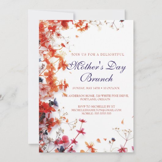 Invitation Fleurs roses et rouges Fête des mères Brunch Invit (Devant)