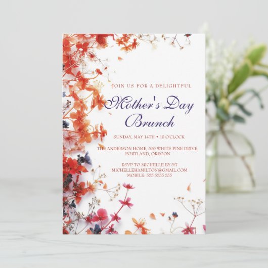 Invitation Fleurs roses et rouges Fête des mères Brunch Invit (Debout devant)