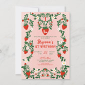 Invitation Fleurs roses et rouges Vignes Fraises 1er annivers (Devant)