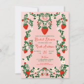 Invitation Fleurs roses et rouges Vignes fraises Mariage (Devant)