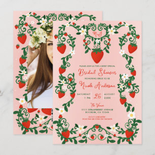 Invitation Fleurs roses et rouges Vignes fraises Mariage