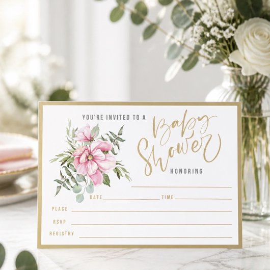 Invitation Fleurs roses et verdure Baby Shower à compléter