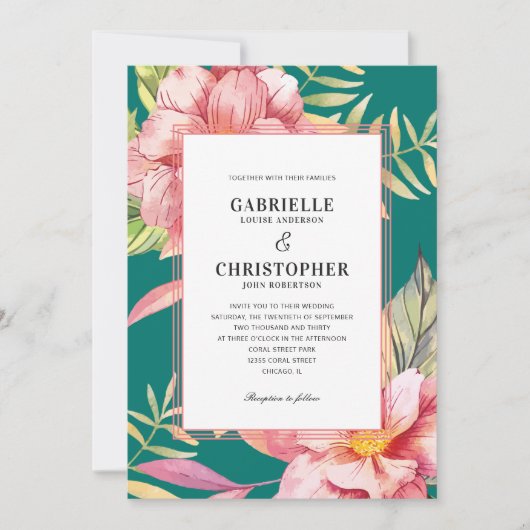 Invitation Fleurs roses et verdure Mariage sarcelle (Devant)