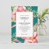 Invitation Fleurs roses et verdure Mariage sarcelle (Debout devant)