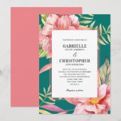 Invitation Fleurs roses et verdure Mariage sarcelle (Devant / Derrière)