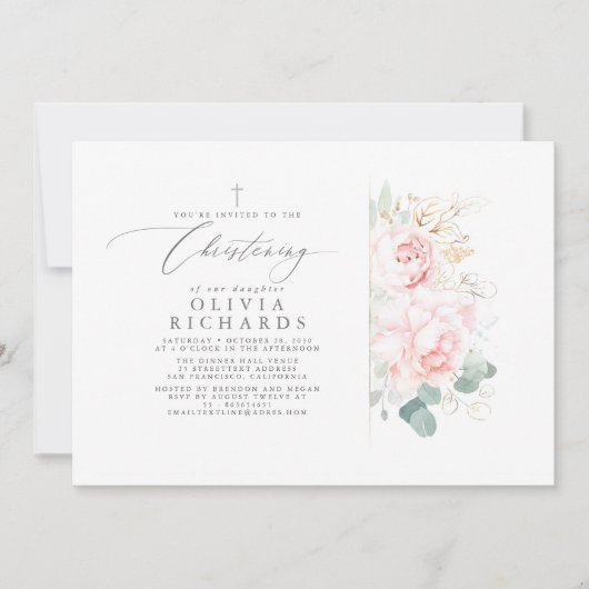 Invitation Fleurs roses et verdure or Feuille Christening (Devant)