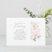 Invitation Fleurs roses et verdure or Feuille Christening (Debout devant)