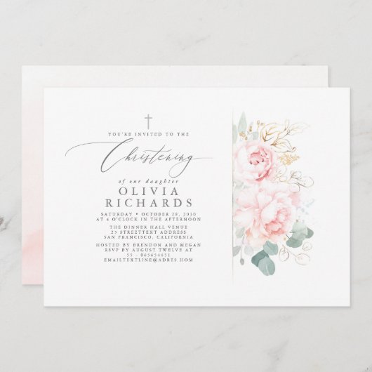 Invitation Fleurs roses et verdure or Feuille Christening (Devant / Derrière)