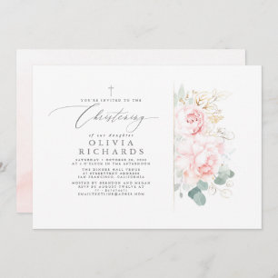 Invitation Fleurs roses et verdure or Feuille Christening