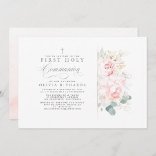 Invitation Fleurs roses et verdure or Première communion