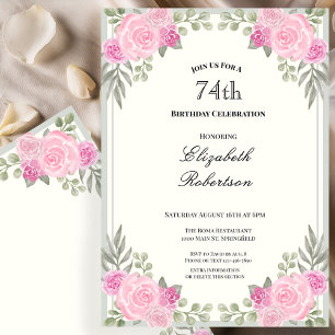 Invitation Fleurs roses et vert sauge pour les 74 ans
